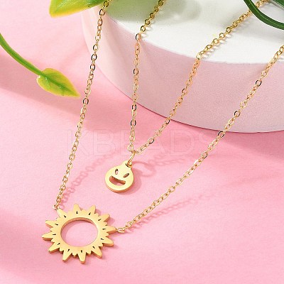 304 Stainless Steel Sun and Smiling Face Pendant Double Layer Necklaces for Women NJEW-A045-14G-1