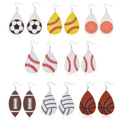 8 Pairs 8 Style PU Imitation Leather Teardrop with Sport Theme Pattern Dangle Earrings EJEW-AN0001-79-1