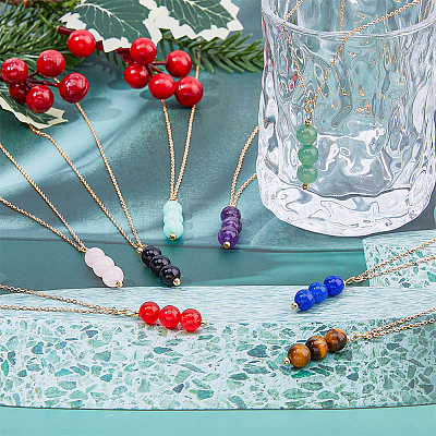 8Pcs 8 Style Natural Mixed Gemstone Round Beaded Pendant Necklaces Set with Iron Cable Chains NJEW-AB00025-1