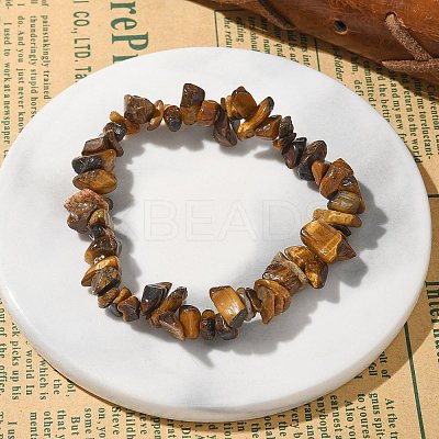 Unisex Chip Natural Tiger Eye Beaded Stretch Bracelets X-BJEW-S143-02-1
