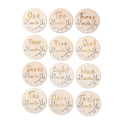 Flat Round Wood Cabochons with Month WOOD-XCP0001-44-1