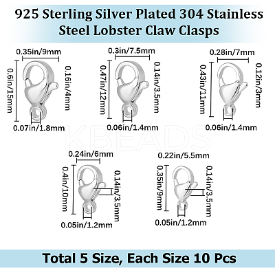50Pcs 5 Styles 304 Stainless Steel Lobster Claw Clasps STAS-BBC0003-22-1