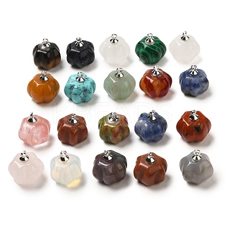 Natural & Synthetic Mixed Gemstone Pumpkin Charms with Platinum Tone Brass Bails G-C158-06P-1
