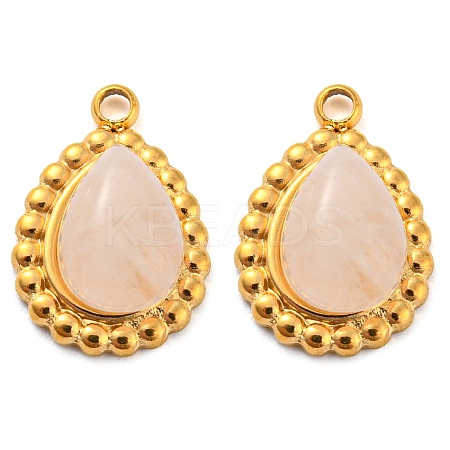 Natural Rose Quartz 304 Stainless Steel Teardrop Charms LS-G-D075-01G-01-1