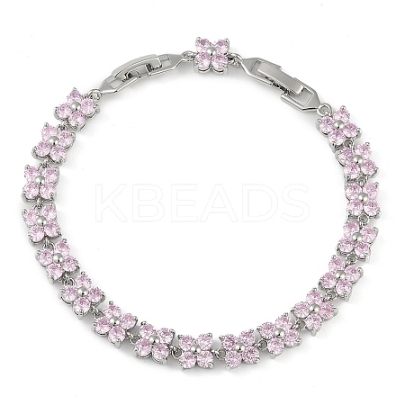 Noble Gift Ideas for Lady Platinum Tone Brass Micro Pave Cubic Zirconia CZ Flower Link Chain Bracelets BJEW-L472-03-1-1