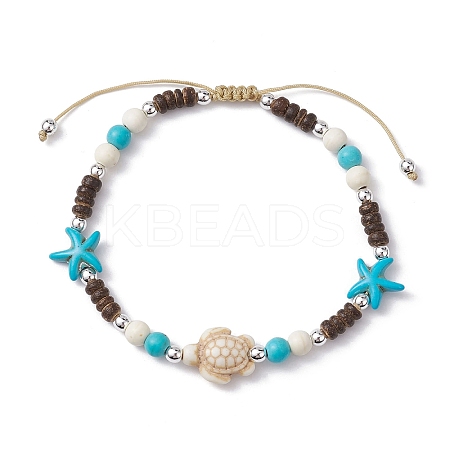 Starfish & Tortoise Synthetic Turquoise Braided Bead Anklets AJEW-AN00564-01-1