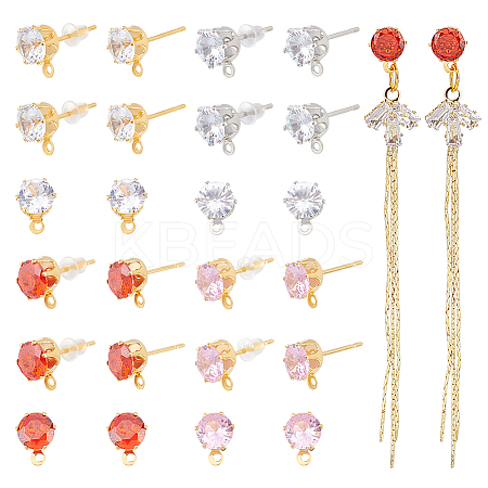 12 Pairs 4 Colors Brass Cubic Zirconia Stud Earring Findings KK-UN0001-82-1
