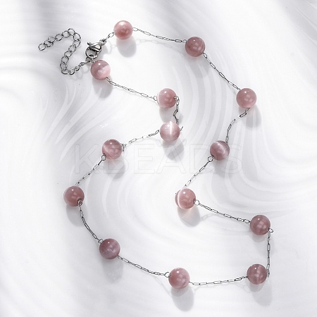 304 Stainless Steel Cat Eye Round Beads Handmade Chain Necklaces for Women NJEW-C073-01P-01-1