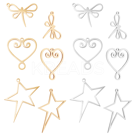 12Pcs 6 Style 201 Stainless Steel Laser Cut Pendants STAS-DC0006-37-1