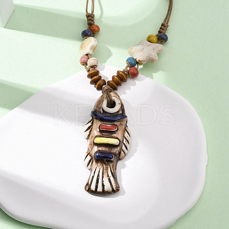 Ceramic Fish Pendant Adjustable Waxed Cord Necklaces for Women NJEW-B146-01-1
