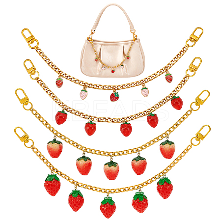 4Pcs 4 Styles Alloy Enamel & Resin Fruit Red Strawberry Charm 304 Stainless Steel Bag Decorative Chains HJEW-PH02272-1