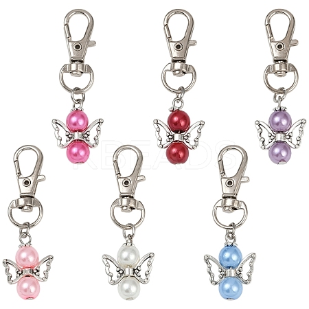 6Pcs 6 Colors Angel Glass Pearl & Alloy Pendant Decoration HJEW-YW00072-1