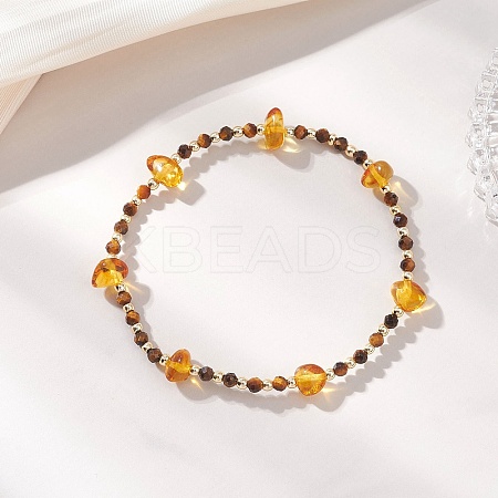 Natural Amber & Tiger Eye Beaded Stretch Bracelets for Women BJEW-JB13352-1