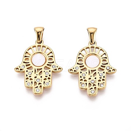 304 Stainless Steel Crystal Rhinestone and Shell Hamsa Hand Pendants STAS-T071-14G-1
