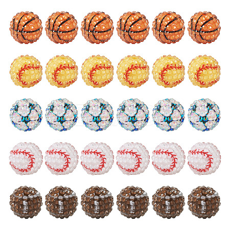 30Pcs 5 Style Basketball & Football & Baseball Pattern Resin Rhinestone Beads RESI-TA0001-77-1