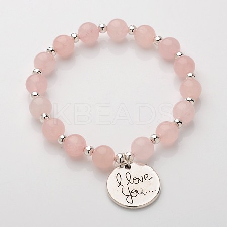 Flat Round with I Love You Natural Gemstone Beaded Charm Bracelets BJEW-JB01846-03-1