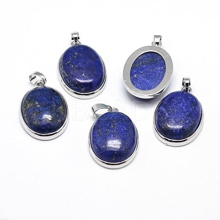 Oval Platinum Plated Brass Dyed & Heated Lapis Lazuli Pendants G-F228-15I-RS-1