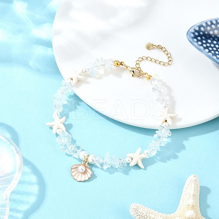 Zinc Alloy Enamel Shell Shape Charm Round Shell Pearl & Dyed Synthetic Turquoise Starfish & Opalite Chip Beaded Anklets AJEW-AN00735-01-1