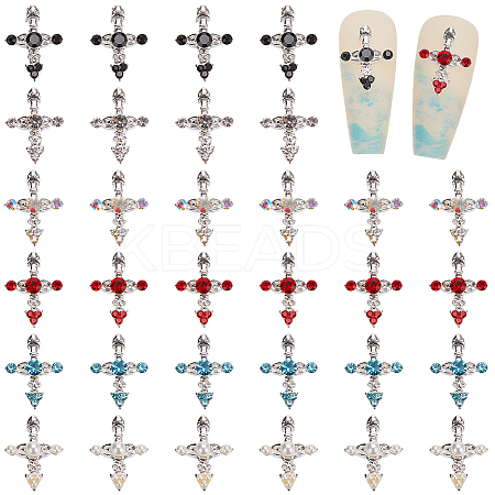 36Pcs 6 Styles Cross Alloy Rhinestone Cabochons MRMJ-CP0001-30S-1