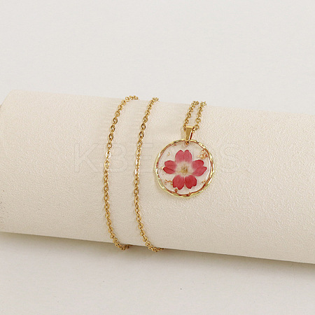 Alloy & Plastic Inner Flower Flat Round Pendant Necklaces FS-WG8915D-01-1