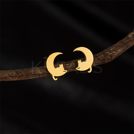 Stainless Steel Moon & Cat Shape Stud Earrings PW-WG97D36-01-1