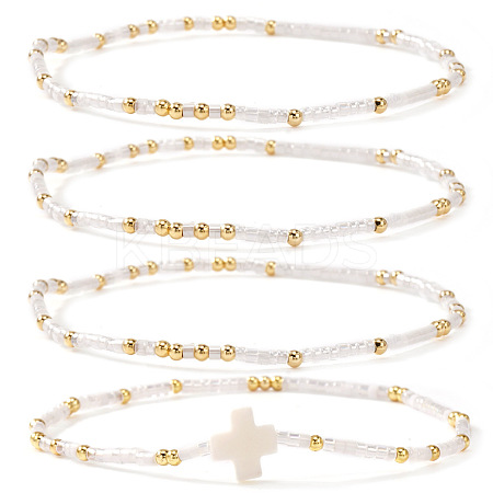 4Pcs Bohemian Summer Cross & Glass Seed Bead Beaded Stretch Bracelet Sets BE5944-6-1