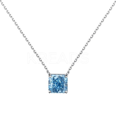 Square Rhodium Plated 925 Sterling Silver Pave 8A Deep Sky Blue Cubic Zirconia Pendant Cable Chain Necklaces for Women NJEW-F330-04P-1