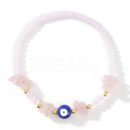 Natural Rose Quartz Chip & Brass Evil Eye & Glass Beaded Stretch Bracelets for Daily Wear PI9480-3-1