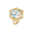 Brass Sky Blue Enamel Flower Cuff Rings RJEW-C139-18C-G-4