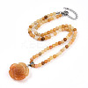 Natural Topaz Jade 4.5mm Round Beaded Flower Pendant Necklaces NJEW-T016-04N-3