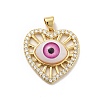 Heart with Eye Brass Micro Pave Clear Cubic Zirconia Pendants KK-G419-07G-04-2