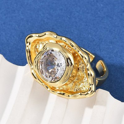 Brass Pave Cubic Zirconia Adjustable Open Cuff Rings for Women RJEW-R032-01G-1