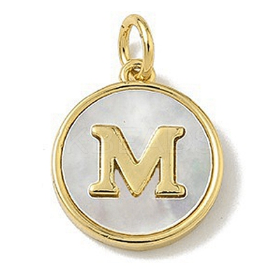Brass Pave Natural Shell Flat Round with Letter Charms KK-Z115-13G-M-1