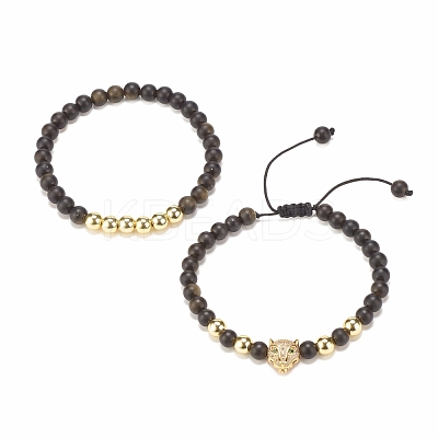 2Pcs 2 Style Natural Obsidian & Synthetic Hematite Braided Bead Bracelets Set with Cubic Zirconia Leopard BJEW-JB08119-01-1