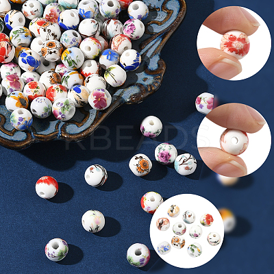 90Pcs 9 Colors Floral Printed Porcelain Beads PORC-SC0001-20-1