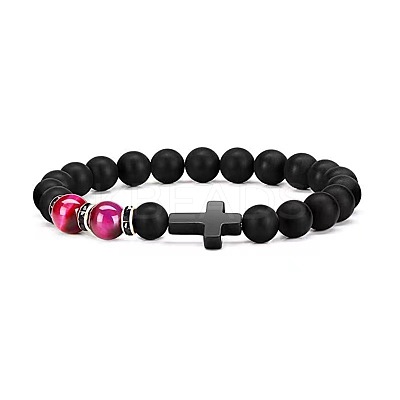 Cross Natural Obsidian & Dyed Tiger Eye Stretch Bracelet HU1552-1-1