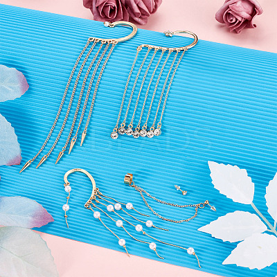 4Pcs Long Chain Tassel Drop Cuff Earrings with Imitation Pearl EJEW-KS0001-04-1