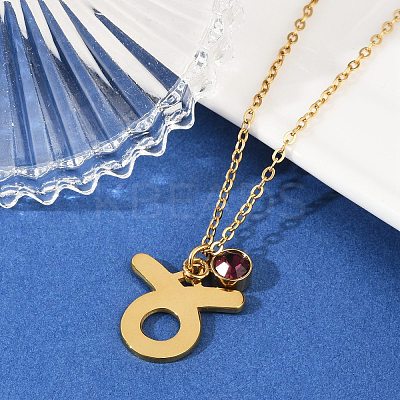 304 Stainless Steel Glass Drill Birth Stone Constellation Pendant Necklaces LS-STAS-D305-08G-B-1