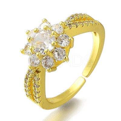 Rack Plating Flower Brass Micro Pave Clear Cubic Zirconia Open Cuff Rings for Women RJEW-H232-01G-1