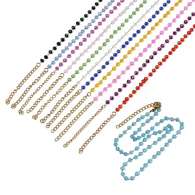 12Pcs 12 Colors 304 Stainless Steel with Glass Faceted Rondelle Bead Handmade Link Chain Birth Stone Necklaces for Women NJEW-G195-01G-1