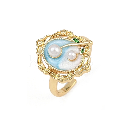 Brass Sky Blue Enamel Flower Cuff Rings RJEW-C139-18C-G-1