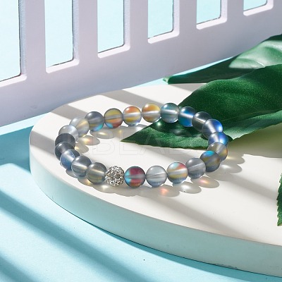 Synthetic Moonstone Round Beaded Stretch Bracelet with Rhinestone BJEW-JB07875-1