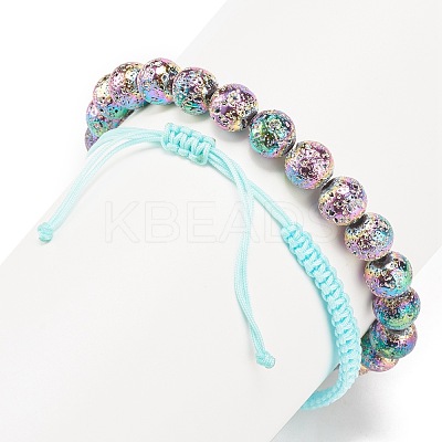 2Pcs 2 Style Natural Lava Rock & Synthetic Hematite Stretch Bracelets Set with Alloy Shell BJEW-JB08028-1
