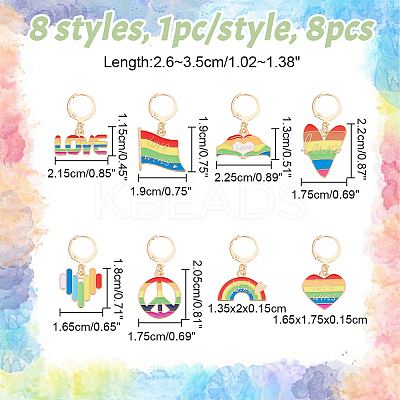 8Pcs 8 Style Pride Rainbow Alloy Enamel Pendant Stitch Markers HJEW-NB00030-1
