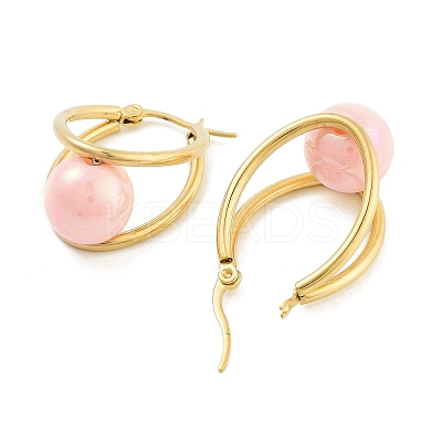 Ion Plating(IP) 304 Stainless Steel & Plastic Imitation Pearl Oval with Ball Hoop Earrings for Women EJEW-C096-13G-06-1
