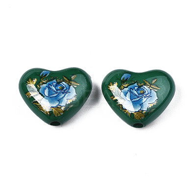 Flower Printed Opaque Acrylic Heart Beads SACR-S305-28-N02-1