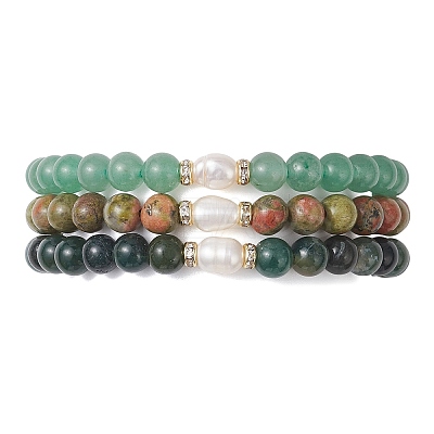 3Pcs Natural Moss Agate & Green Aventurine & Unakite Round Beads Stretch Bracelets for Women BJEW-JB13056-1