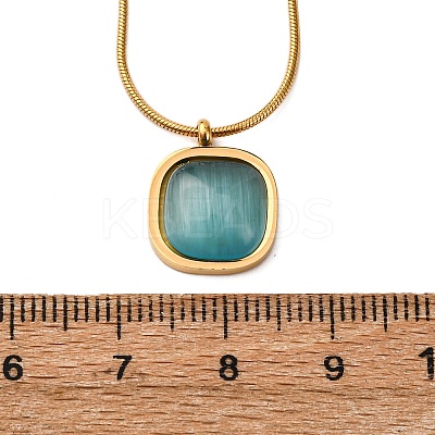 304 Stainless Steel & Dark Turquoise Cat Eye Square Pendant Round Snake Chain Necklaces for Women NJEW-K255-47G-1