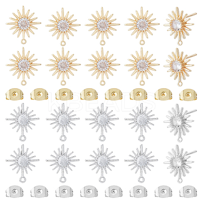 8Pcs 2 Size Sun Shape Brass Clear Cubic Zirconia Stud Earring Findings ZIRC-OC0001-09-1
