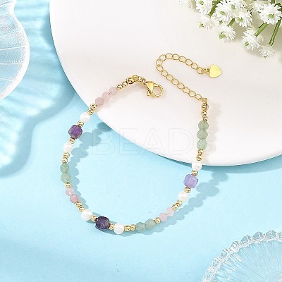 Natural Mixed Gemstone Faceted Round and Cube Beaded Bracelets with Natural Pearl & Brass End Chains BJEW-JB14336-02-1